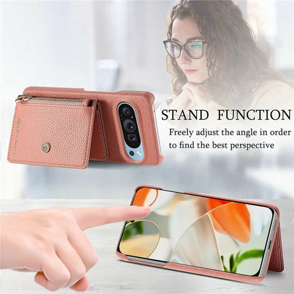 Y4 For Google Pixel 9 Pro XL Case Zipper Pocket Leather Phone Back Cover Card Holder Kickstand