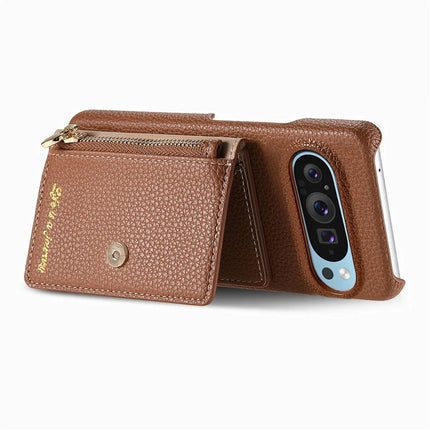 Y4 For Google Pixel 9 Pro XL Case Zipper Pocket Leather Phone Back Cover Card Holder Kickstand