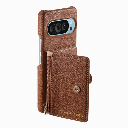 Y4 For Google Pixel 9 Pro XL Case Zipper Pocket Leather Phone Back Cover Card Holder Kickstand