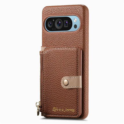 Y4 For Google Pixel 9 Pro XL Case Zipper Pocket Leather Phone Back Cover Card Holder Kickstand