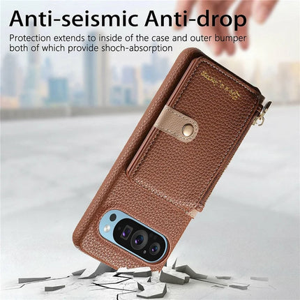 Y4 For Google Pixel 9 Pro XL Case Zipper Pocket Leather Phone Back Cover Card Holder Kickstand