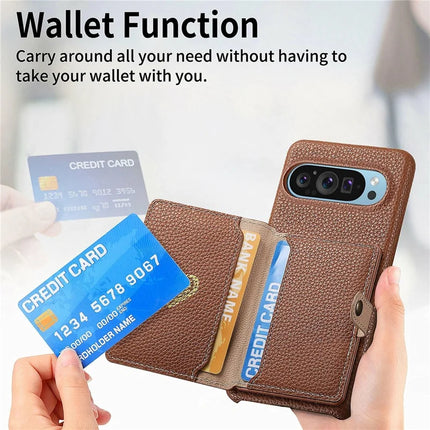 Y4 For Google Pixel 9 Pro XL Case Zipper Pocket Leather Phone Back Cover Card Holder Kickstand