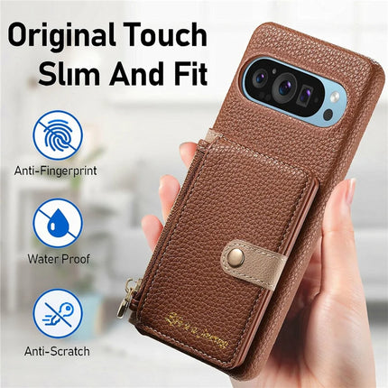 Y4 For Google Pixel 9 Pro XL Case Zipper Pocket Leather Phone Back Cover Card Holder Kickstand