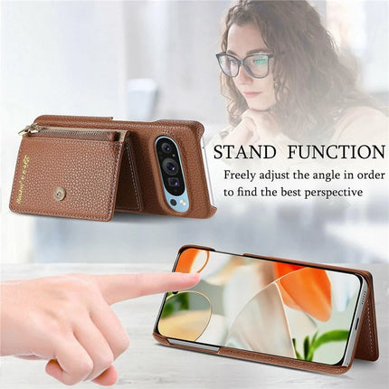 Y4 For Google Pixel 9 Pro XL Case Zipper Pocket Leather Phone Back Cover Card Holder Kickstand