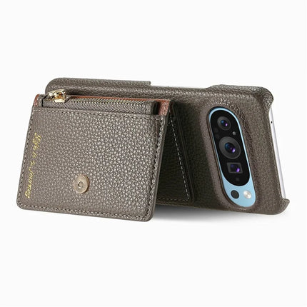 Y4 For Google Pixel 9 Pro XL Case Zipper Pocket Leather Phone Back Cover Card Holder Kickstand