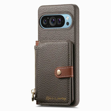Y4 For Google Pixel 9 Pro XL Case Zipper Pocket Leather Phone Back Cover Card Holder Kickstand