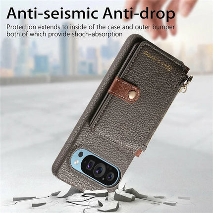 Y4 For Google Pixel 9 Pro XL Case Zipper Pocket Leather Phone Back Cover Card Holder Kickstand