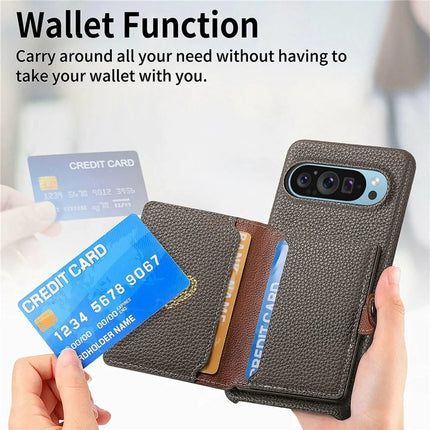Y4 For Google Pixel 9 Pro XL Case Zipper Pocket Leather Phone Back Cover Card Holder Kickstand