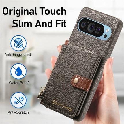 Y4 For Google Pixel 9 Pro XL Case Zipper Pocket Leather Phone Back Cover Card Holder Kickstand