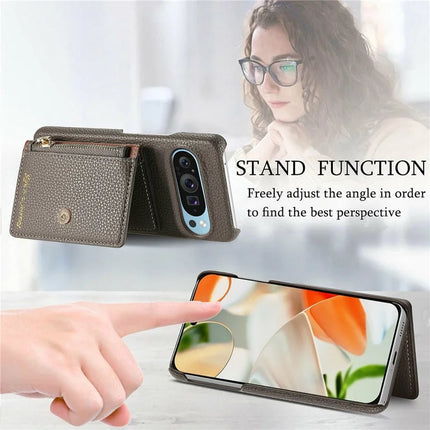 Y4 For Google Pixel 9 Pro XL Case Zipper Pocket Leather Phone Back Cover Card Holder Kickstand