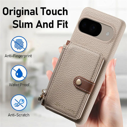 Y4 For Google Pixel 9 Pro  /  Pixel 9 Case Zipper Pocket Leather Phone Back Cover Card Holder Kickstand