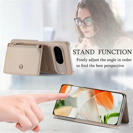 Y4 For Google Pixel 9 Pro  /  Pixel 9 Case Zipper Pocket Leather Phone Back Cover Card Holder Kickstand