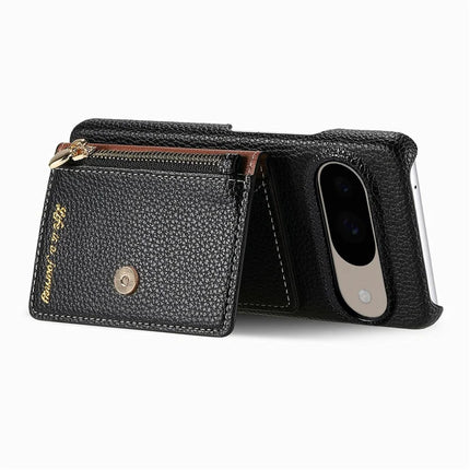 Y4 For Google Pixel 9 Pro  /  Pixel 9 Case Zipper Pocket Leather Phone Back Cover Card Holder Kickstand