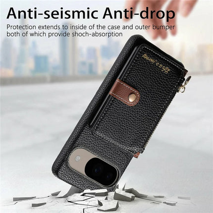Y4 For Google Pixel 9 Pro  /  Pixel 9 Case Zipper Pocket Leather Phone Back Cover Card Holder Kickstand