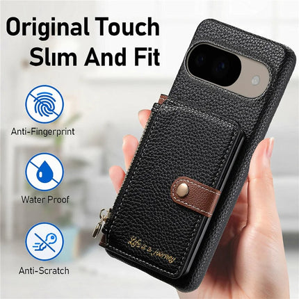 Y4 For Google Pixel 9 Pro  /  Pixel 9 Case Zipper Pocket Leather Phone Back Cover Card Holder Kickstand