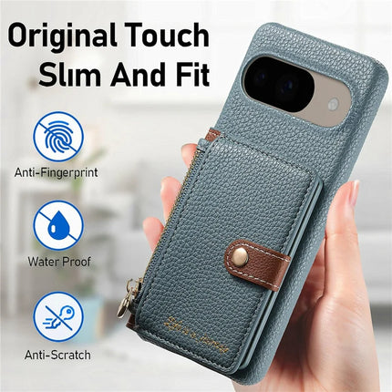 Y4 For Google Pixel 9 Pro  /  Pixel 9 Case Zipper Pocket Leather Phone Back Cover Card Holder Kickstand