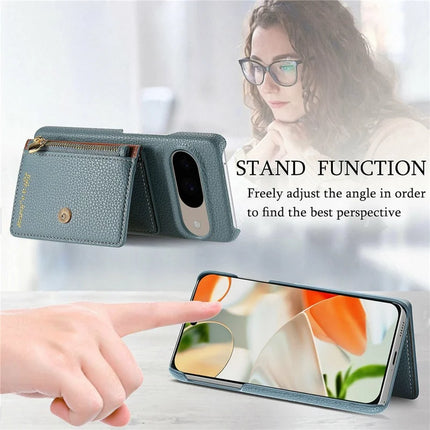 Y4 For Google Pixel 9 Pro  /  Pixel 9 Case Zipper Pocket Leather Phone Back Cover Card Holder Kickstand