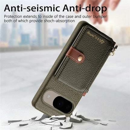 Y4 For Google Pixel 9 Pro  /  Pixel 9 Case Zipper Pocket Leather Phone Back Cover Card Holder Kickstand