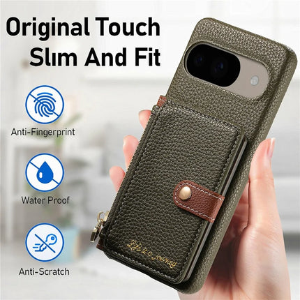 Y4 For Google Pixel 9 Pro  /  Pixel 9 Case Zipper Pocket Leather Phone Back Cover Card Holder Kickstand
