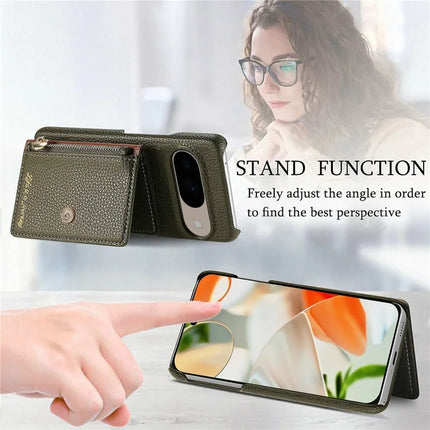 Y4 For Google Pixel 9 Pro  /  Pixel 9 Case Zipper Pocket Leather Phone Back Cover Card Holder Kickstand