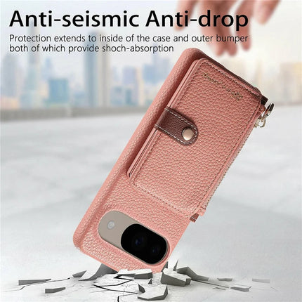 Y4 For Google Pixel 9 Pro  /  Pixel 9 Case Zipper Pocket Leather Phone Back Cover Card Holder Kickstand