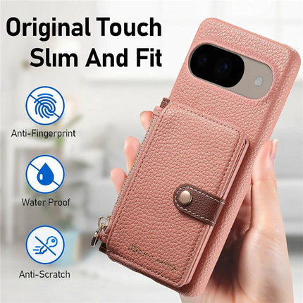 Y4 For Google Pixel 9 Pro  /  Pixel 9 Case Zipper Pocket Leather Phone Back Cover Card Holder Kickstand