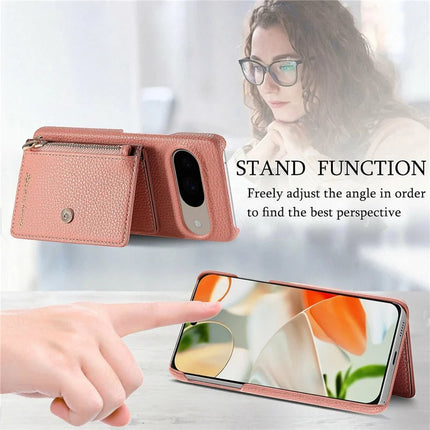 Y4 For Google Pixel 9 Pro  /  Pixel 9 Case Zipper Pocket Leather Phone Back Cover Card Holder Kickstand