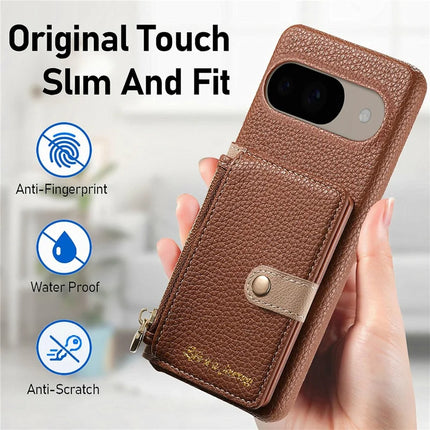 Y4 For Google Pixel 9 Pro  /  Pixel 9 Case Zipper Pocket Leather Phone Back Cover Card Holder Kickstand