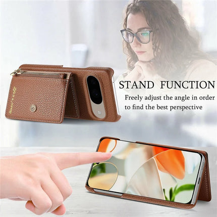 Y4 For Google Pixel 9 Pro  /  Pixel 9 Case Zipper Pocket Leather Phone Back Cover Card Holder Kickstand