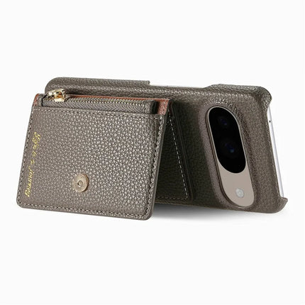 Y4 For Google Pixel 9 Pro  /  Pixel 9 Case Zipper Pocket Leather Phone Back Cover Card Holder Kickstand