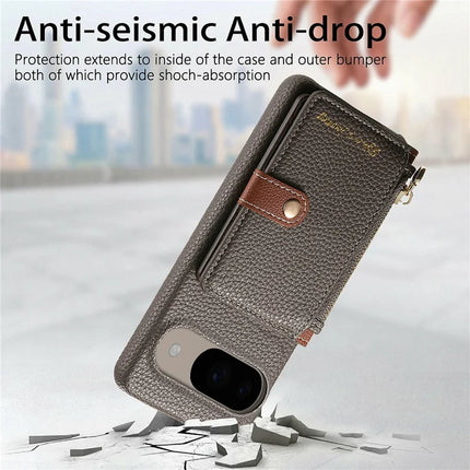 Y4 For Google Pixel 9 Pro  /  Pixel 9 Case Zipper Pocket Leather Phone Back Cover Card Holder Kickstand