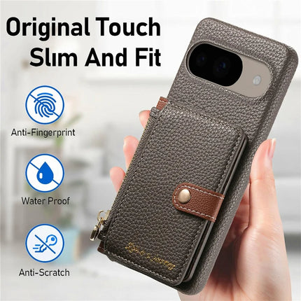 Y4 For Google Pixel 9 Pro  /  Pixel 9 Case Zipper Pocket Leather Phone Back Cover Card Holder Kickstand