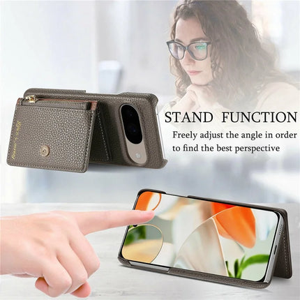 Y4 For Google Pixel 9 Pro  /  Pixel 9 Case Zipper Pocket Leather Phone Back Cover Card Holder Kickstand