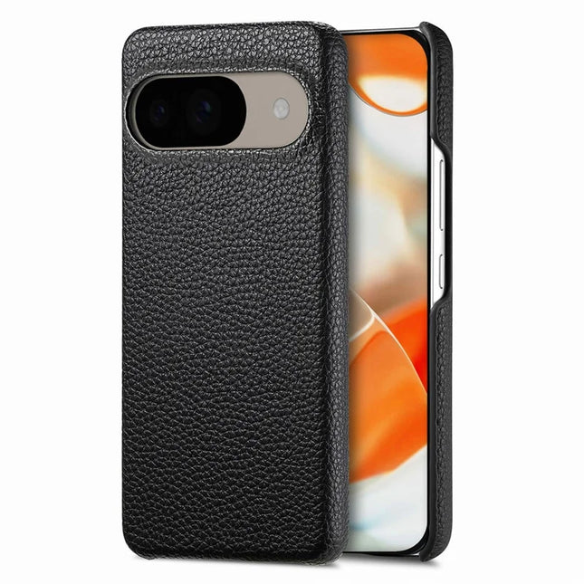 For Google Pixel 9 Pro  /  Pixel 9 Back Case Litchi Texture PU Leather PC Hard Cover - Black