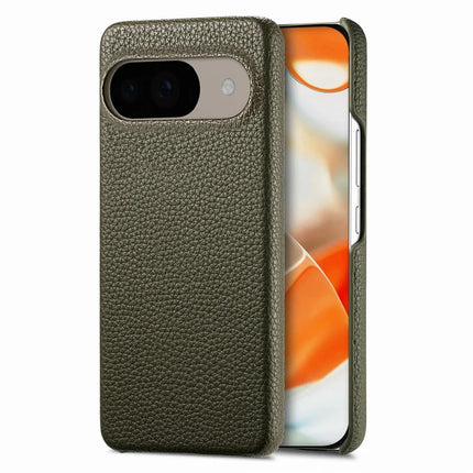 For Google Pixel 9 Pro  /  Pixel 9 Back Case Litchi Texture PU Leather PC Hard Cover - Army Green