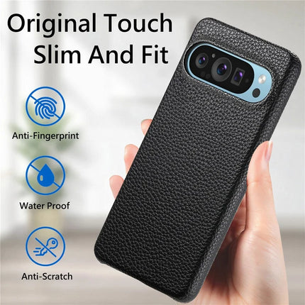 For Google Pixel 9 Pro XL Back Case Litchi Texture PU Leather PC Hard Cover