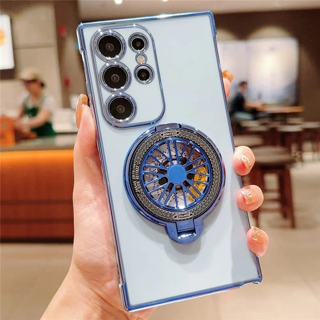 For Samsung Galaxy S23 Ultra Case Electroplating Gyro Design Kickstand Soft TPU Phone Cover - Blue
