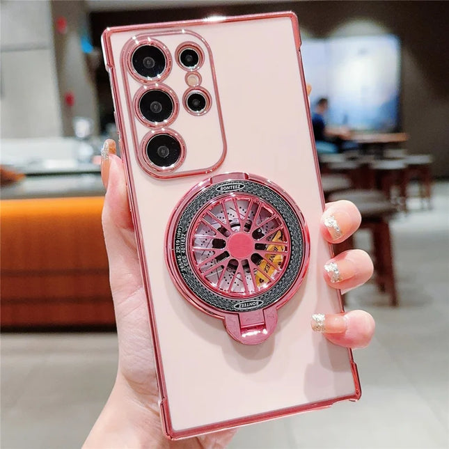 For Samsung Galaxy S23 Ultra Case Electroplating Gyro Design Kickstand Soft TPU Phone Cover - Pink