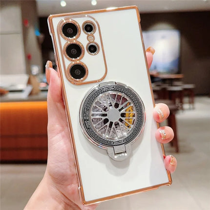 For Samsung Galaxy S23 Ultra Case Electroplating Gyro Design Kickstand Soft TPU Phone Cover - Ivory White