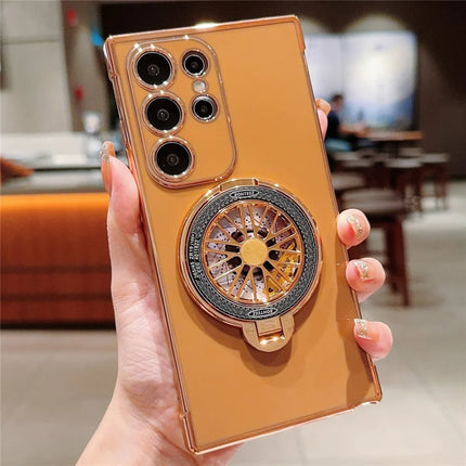 For Samsung Galaxy S23 Ultra Case Electroplating Gyro Design Kickstand Soft TPU Phone Cover - Brown