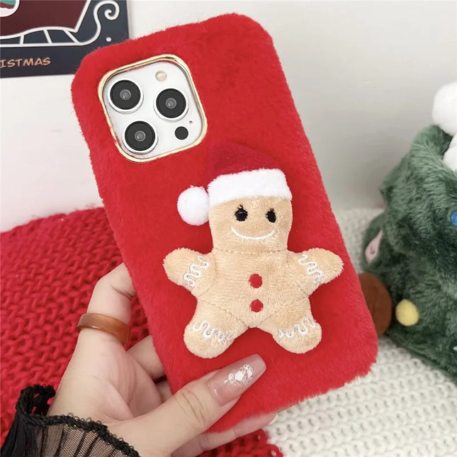 For iPhone 15 Pro Max Case Christmas Gingerbread Design Plush + TPU Phone Cover - Red
