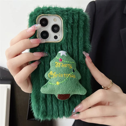 For iPhone 15 Pro Max Case Christmas Tree Design Plush + TPU Phone Cover - Red