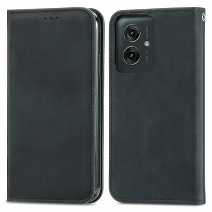 For Motorola Moto G55 5G Case Skin Touch Feeling Card Slot Leather Phone Cover Stand Magnetic Absorption - Black