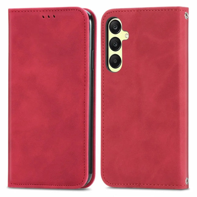 For Samsung Galaxy A25 5G (Global) (161.0 x 76.5 x 8.3mm) Case Skin Touch Feeling Card Slot Leather Phone Cover Stand Magnetic Absorption - Red