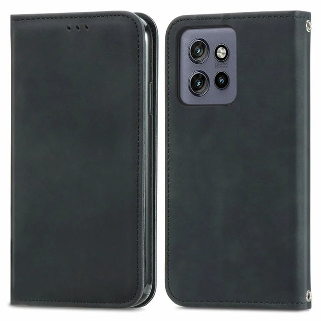 For Motorola Edge 50 Neo 5G / Moto S50 5G / Thinkphone 25 5G Case Skin Touch Feeling Card Slot Leather Phone Cover Stand Magnetic Absorption - Black