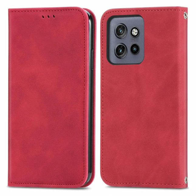 For Motorola Edge 50 Neo 5G / Moto S50 5G / Thinkphone 25 5G Case Skin Touch Feeling Card Slot Leather Phone Cover Stand Magnetic Absorption - Red