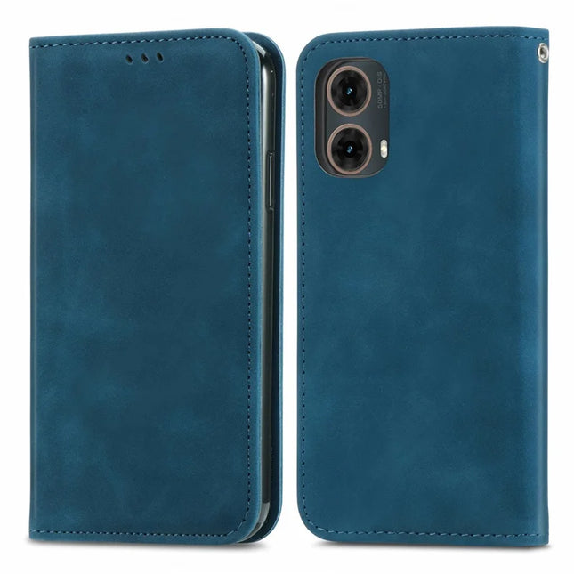 For Motorola Moto G45 5G Case Skin Touch Feeling Card Slot Leather Phone Cover Stand Magnetic Absorption - Dark Blue