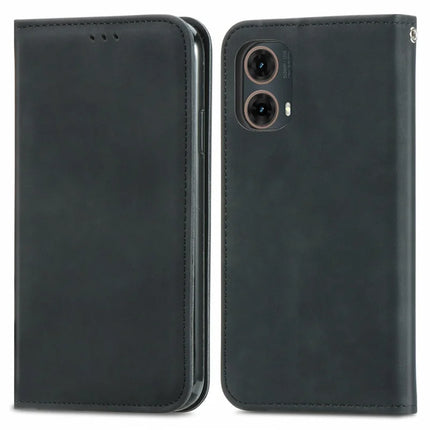 For Motorola Moto G45 5G Case Skin Touch Feeling Card Slot Leather Phone Cover Stand Magnetic Absorption - Black