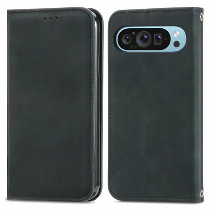 For Google Pixel 9 Pro XL Case Skin Touch Feeling Card Slot Leather Phone Cover Stand Magnetic Absorption - Black