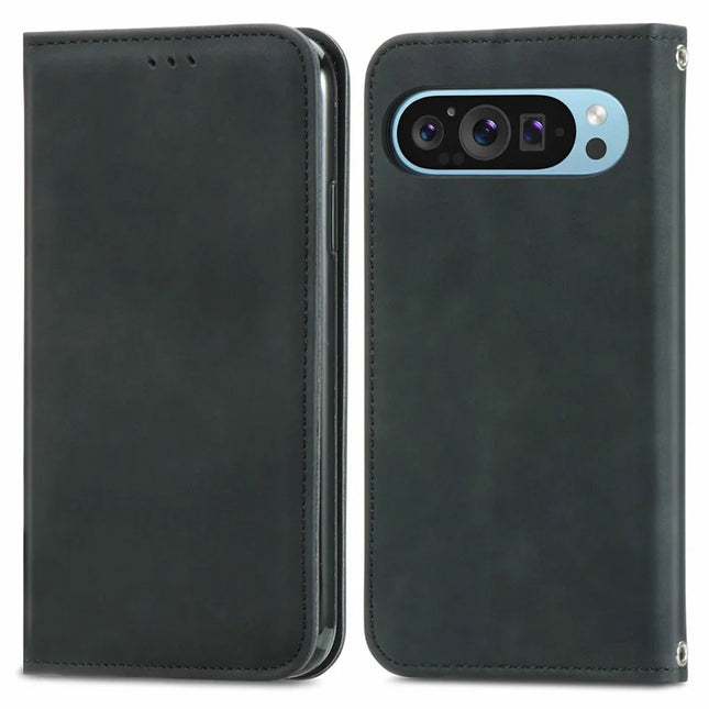 For Google Pixel 9 Pro XL Case Skin Touch Feeling Card Slot Leather Phone Cover Stand Magnetic Absorption - Black
